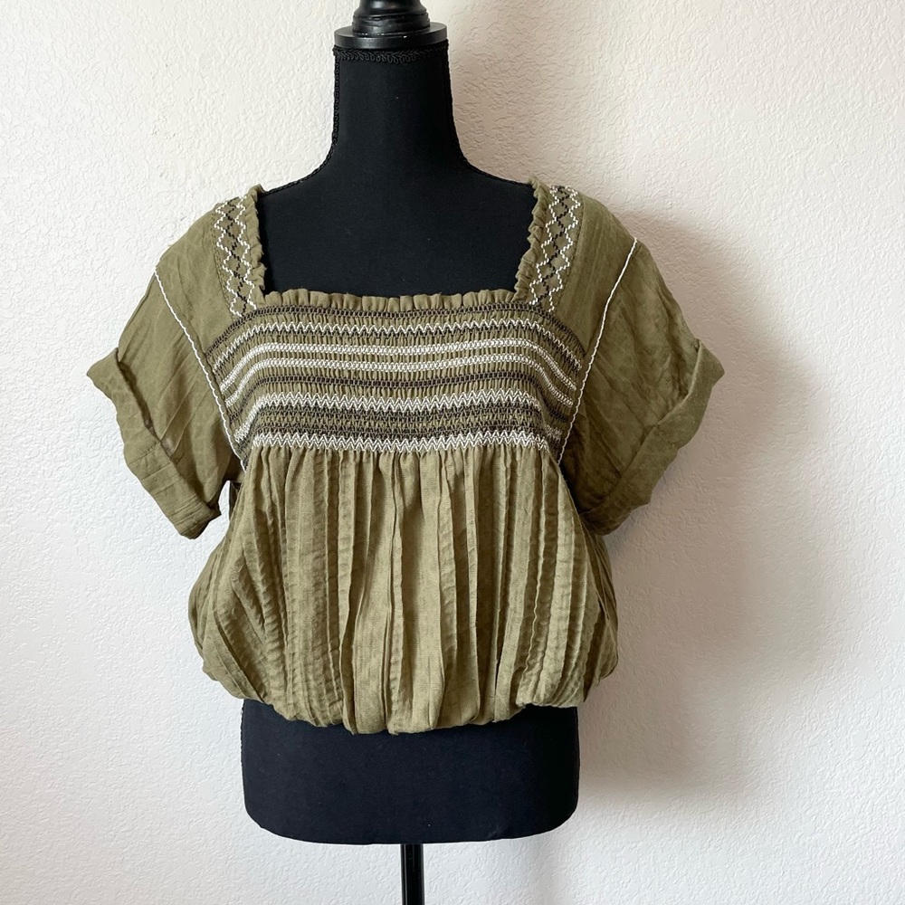 Free People Olive Green Embroidered Peasant Blouse Women’s XS NWOT - Picture 4 of 11